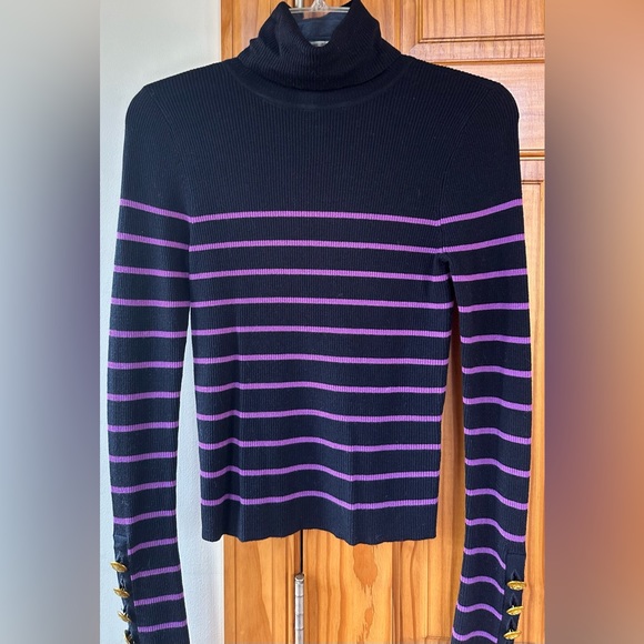 A.L.C. Womens Button Detail Striped Shirt Turtleneck Sweater - Picture 4 of 5